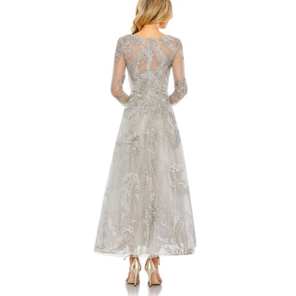 Mac Duggal 20336 Size 8 Silver Embellished Wrap V-Neck 3/4 Sleeve Midi‎ Dress - Picture 6 of 8